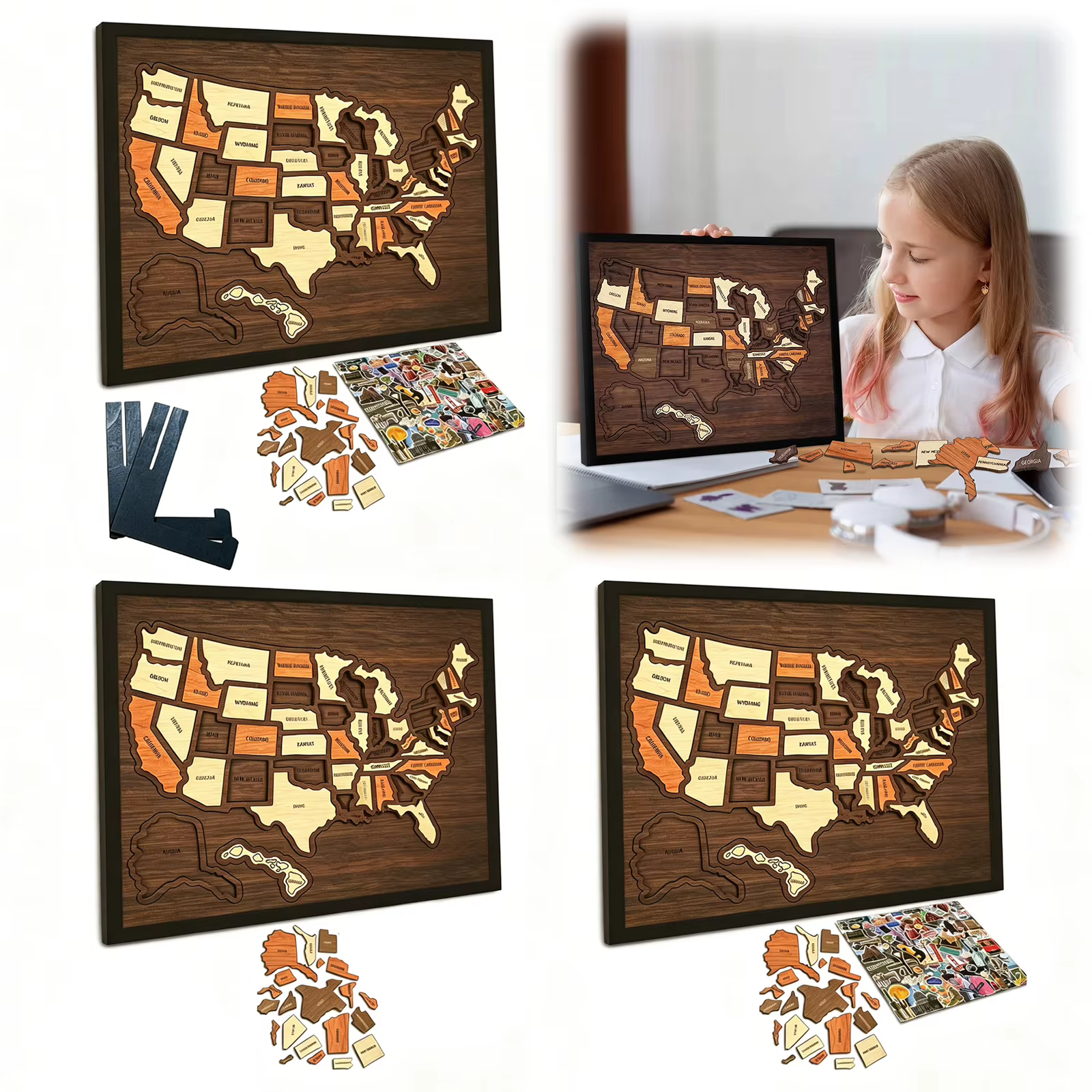 Carte de voyage des États-Unis, jouet interactif multi-usages pour l'apprentissage de la géographie, puzzle en bois portable, cadeau pour les couples et les familles