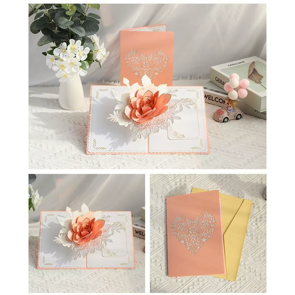 Carte de vœux romantique 3D en forme de rose, élégante carte de vœux 3D avec fleurs, invitation pliable pour la Saint-Valentin