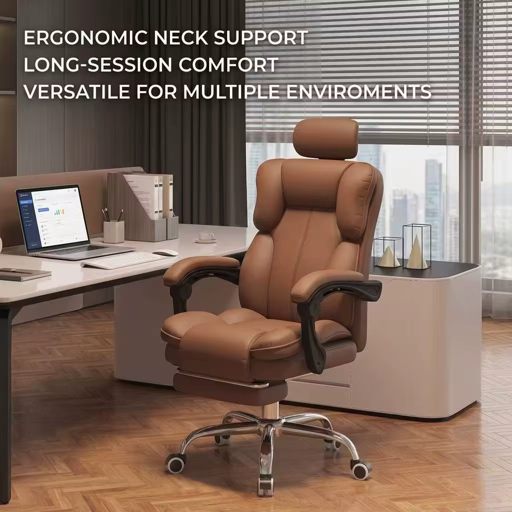 Chaise de bureau ergonomique de luxe à dossier haut en cuir PU avec appui-tête