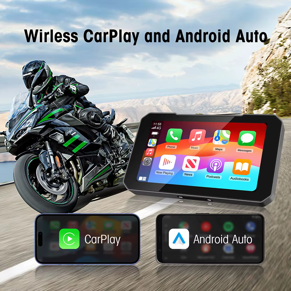 GPS portable pour moto, 5 pouces, étanche IP67, navigation sans fil, Carplay, Android Auto, enregistreur de conduite DVR, moniteur moto, WIFI