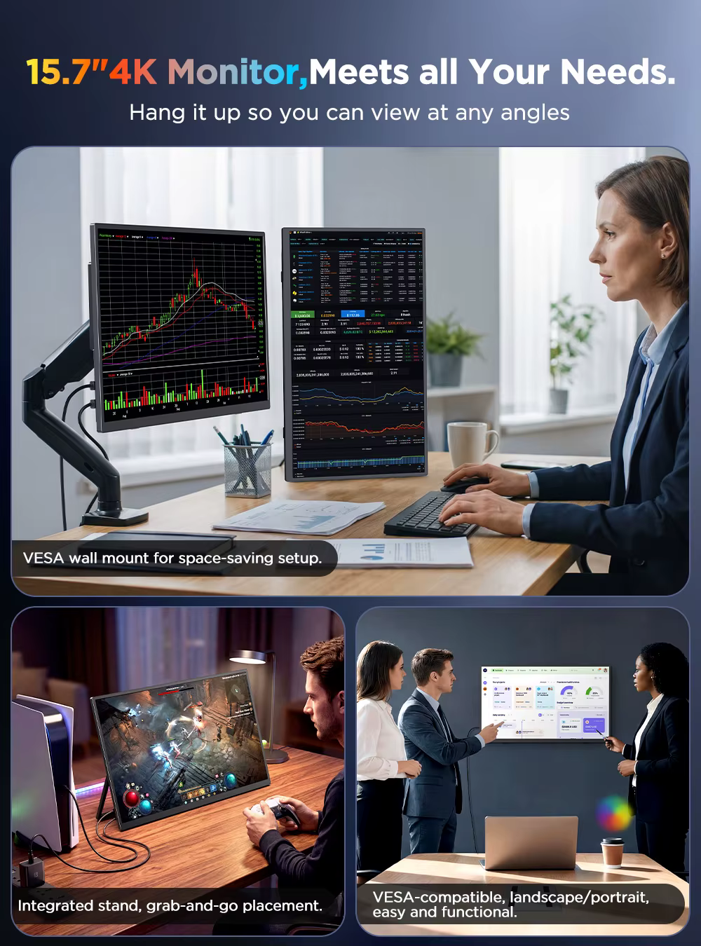 Moniteur tactile portable 4K UPERFECT 15,7 pouces (3840 x 2160 UHD) avec USB-C, HDMI, écran pour ordinateur portable, contraste 1200:1, couverture RGB 100 %, dalle IPS, tactile 10 points, double haut-