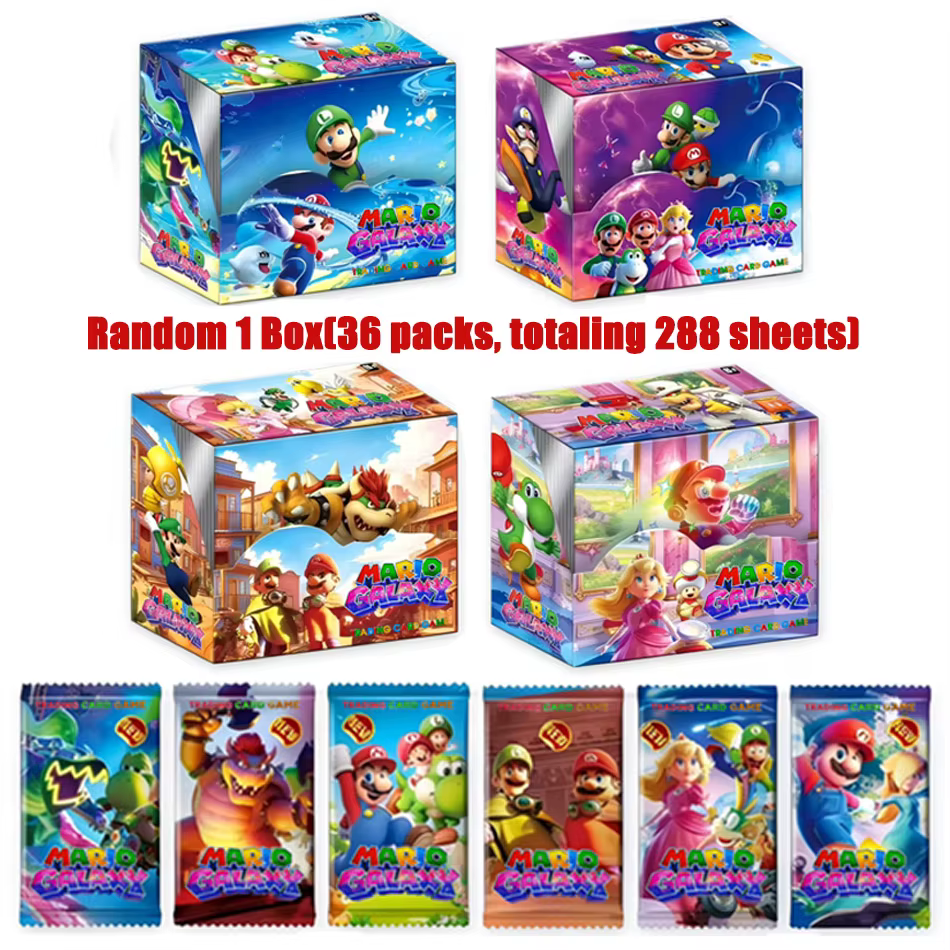 Pack de cartes Super Mario Galaxy, 288 cartes, boîte mystère, parfait pour les fans de Nintendo, les collectionneurs et les amateurs de jeux de cartes à collectionner.