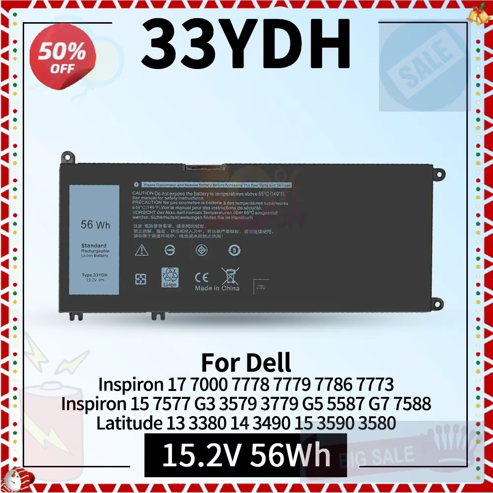 Batterie d'ordinateur portable 33YDH pour Dell Latitude 13 3380 14 3490 15 3590 3580 Inspiron 7000 7778 7773 15 7577 G3 3579 3779 G5 5587 G7 7588