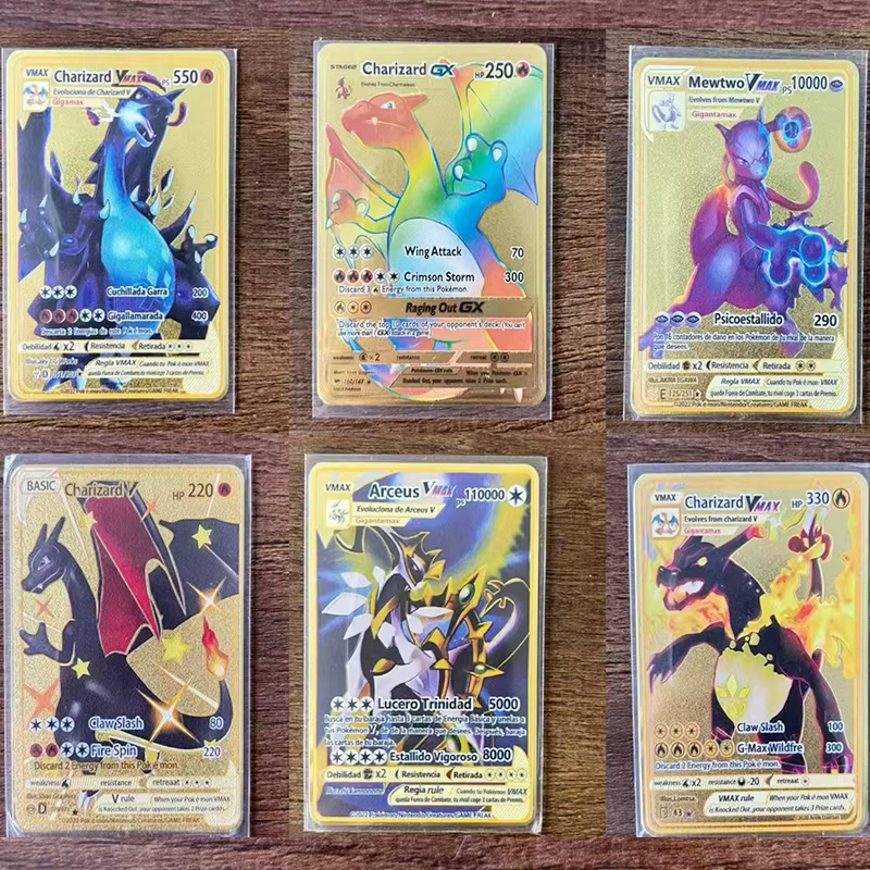 Cartes Métalliques Arceus Rayquaza Points, Cartes Super Métalliques Dorées Charizard, Cartes Anglaises Mewtwo Mega, Collection de Jeux Anime, Cadeau