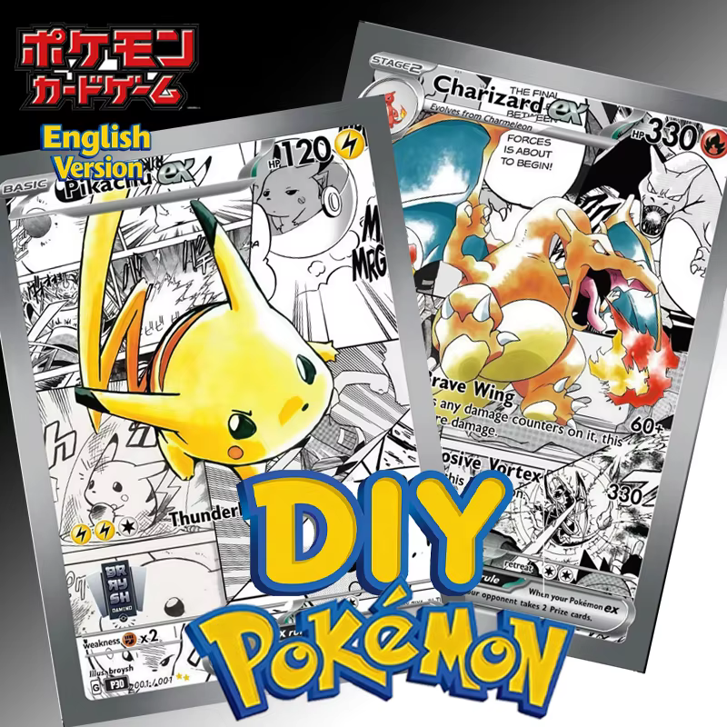Série Pokémon DIY 001/001 Pikachu Ex Manga Sets 002/002 Charizard Ex Manga Set Collection Cartes Anime Auto-conçues