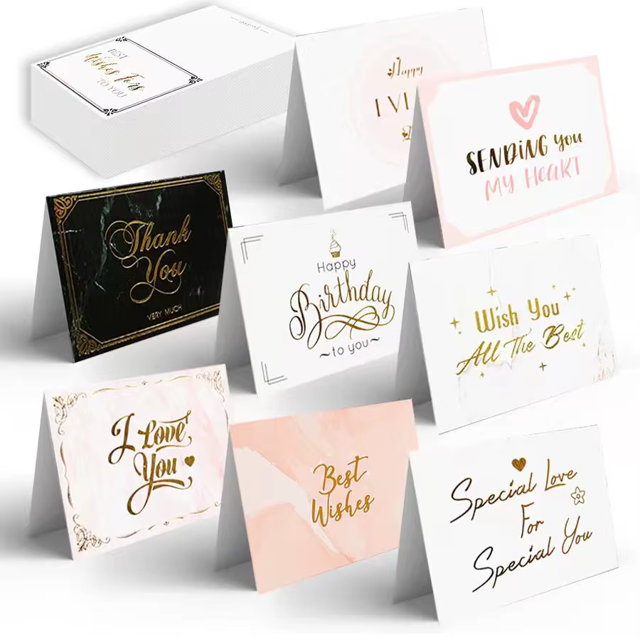  10/20/30 pièces merci/joyeux anniversaire/saint-valentin cartes or estampage souhait carte de voeux cartes cadeaux plié cadeau carte de Message