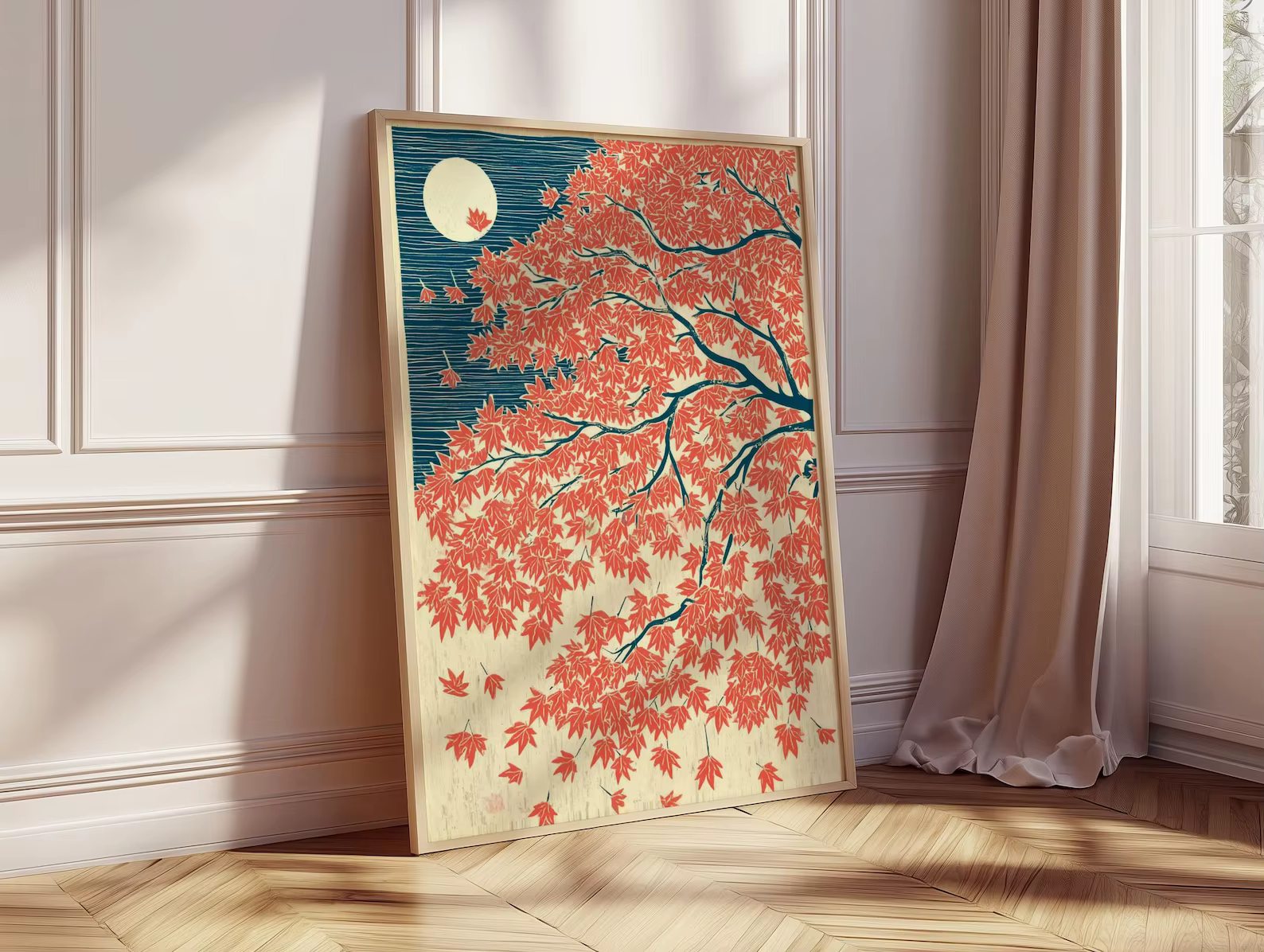 Affiche d'automne en érable japonais, art mural rouge et bleu, illustration de paysage au clair de lune, impression élégante, décoration naturelle pour la maison, art vintage japonais