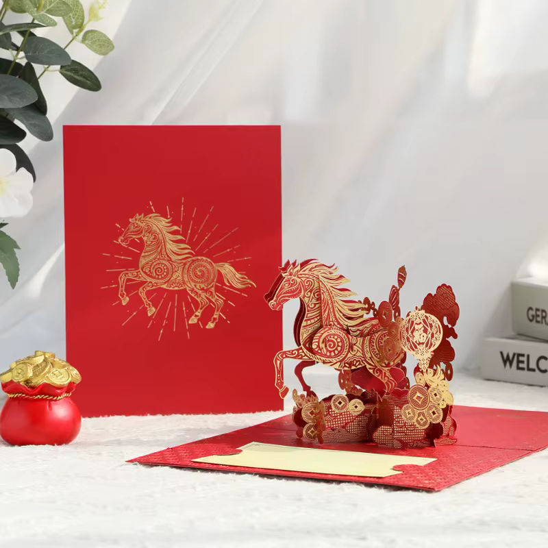 Carte de vœux Pop-Up 3D année du cheval 2026, feuille d'or, Design cheval, carte du nouvel an, bénédiction créative et souvenir, carte pliable