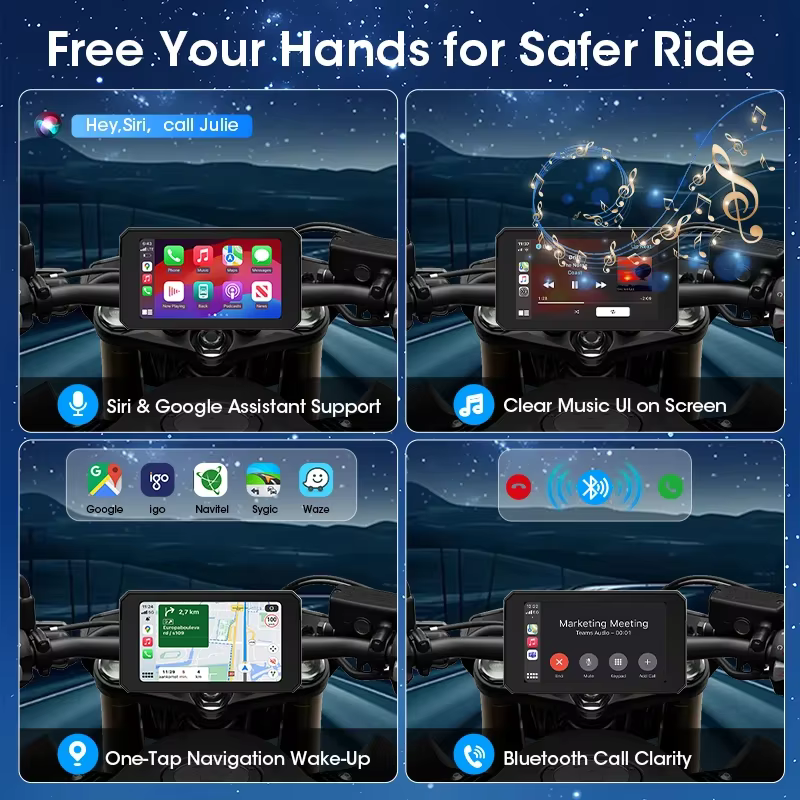 GPS de navigation portable pour moto 5 pouces, sans fil, CarPlay, Android Auto, Bluetooth, étanche IPX7, écran de surveillance moto, compatible TPMS