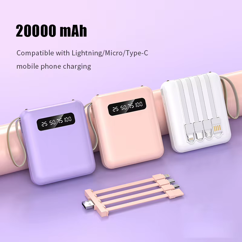 Batterie externe Portable 20000mA avec câble, grande capacité, sortie Micro/Lightning/type-c, alimentation de batterie externe pour téléphone Portable