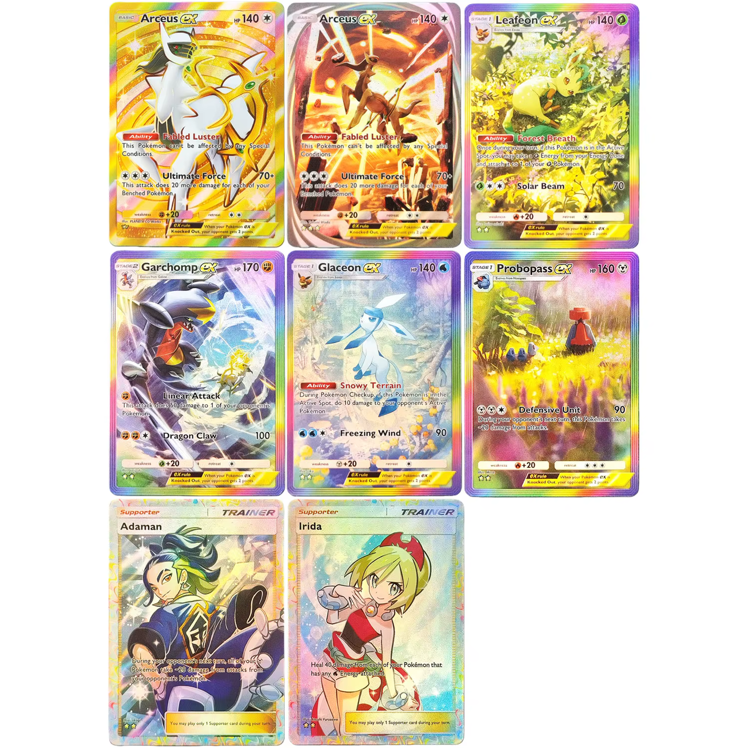 Carte de jeu Pokémon TCG anglaise auto-fabriquée, série Triumphant Light A2a, avec Arceus, Leafeon, Glaceon, Probopass, Garchomp, Irida, Adaman