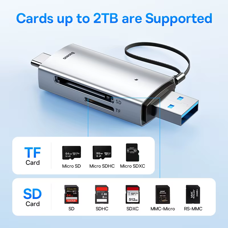Lecteur de carte Baseus USB C & USB3.0 vers SD Micro SD TF dispositif