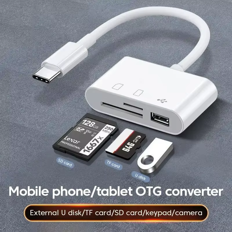 Hub USB-C 3-en-1 multi-ports avec lecteur de cartes mémoire TF CF SD pour téléphone Samsung Xiaomi Macbook – Adaptateur