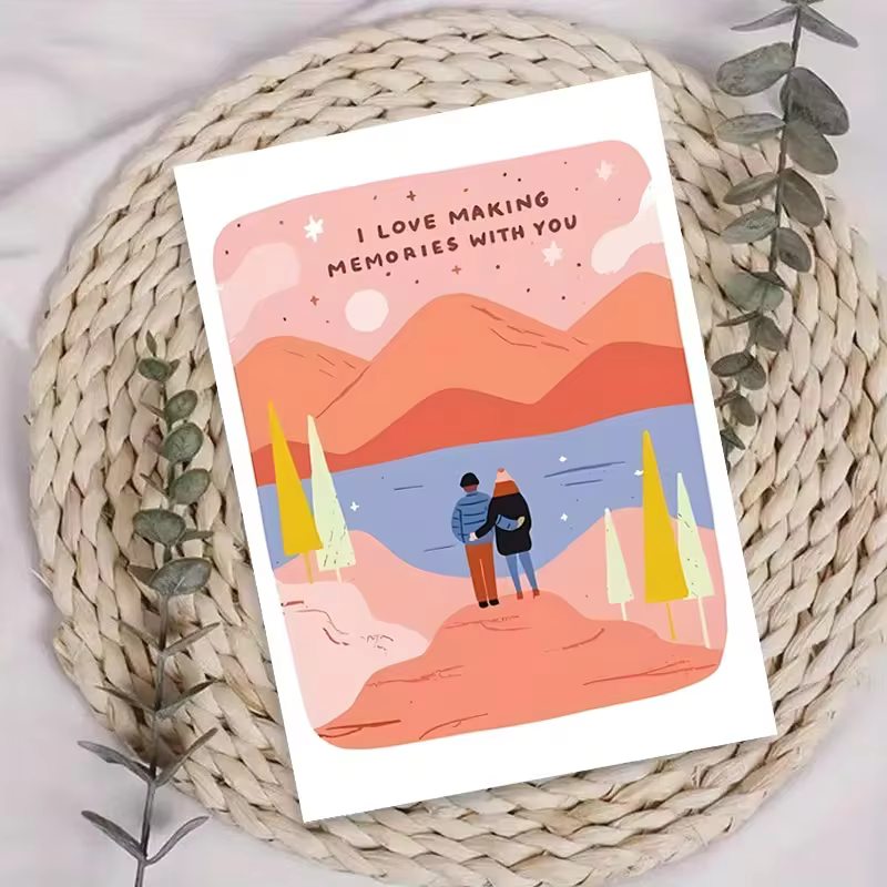 Carte romantique pour couple, citation « J'aime créer des souvenirs avec toi », art de paysage montagneux et lacustre, enveloppe rouge incluse