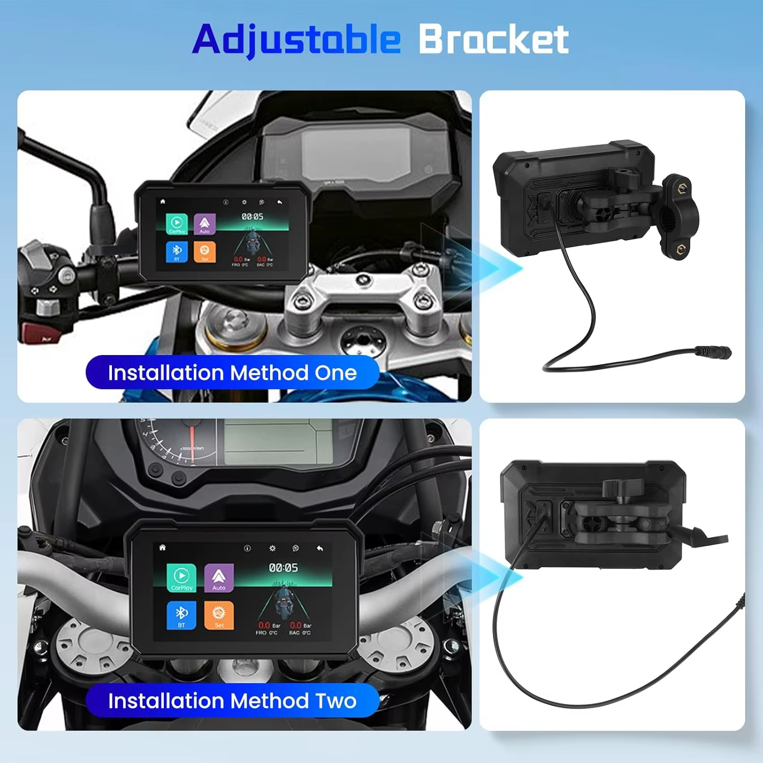 Navigation GPS portable pour moto, 5 pouces, Bluetooth sans fil, Carplay, Android Auto, moniteur de tableau de bord pour moto, écran étanche IPX7
