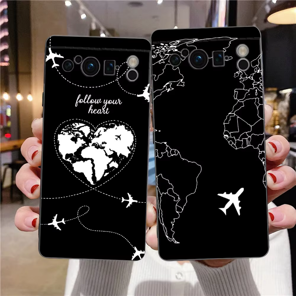 Coque de téléphone en Silicone noir antichoc, carte du monde de dessin animé, direction de paysage, pour Google pixel 9 8 7 6 Pro 8A 6A 7A 5G