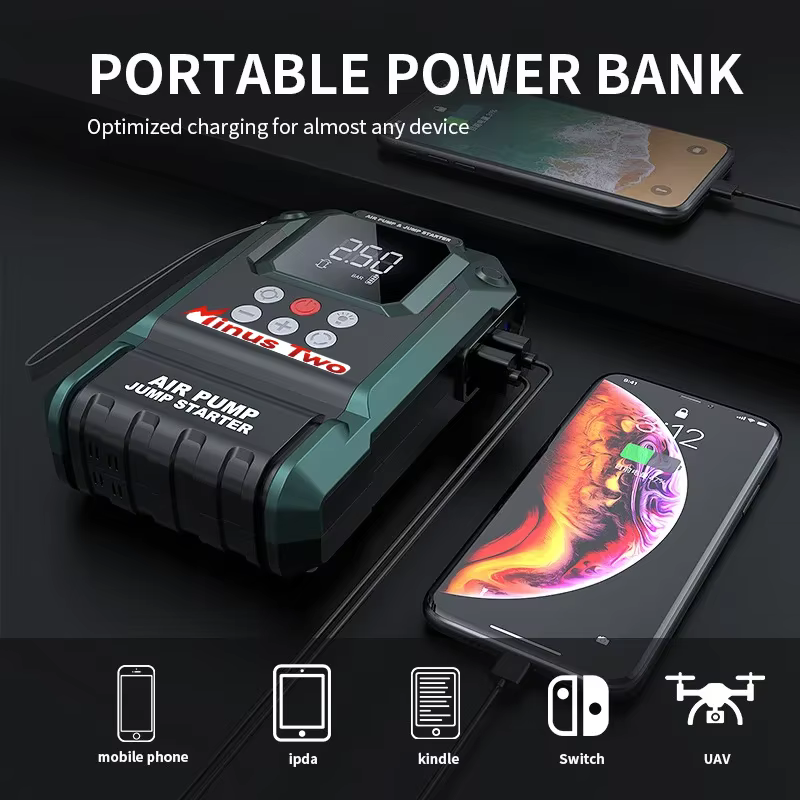 Station d'alimentation portable 2000A : Démarreur de voiture avec pompe à air 180 PSI, double chargeur USB et kit de secours.