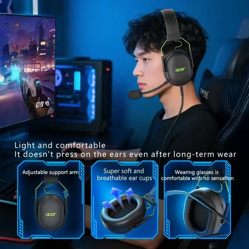 2025 Acer Gaming Casque OHW200 7.1 Surround Sound Wired USB Casques Gamer avec micro suppression du bruit