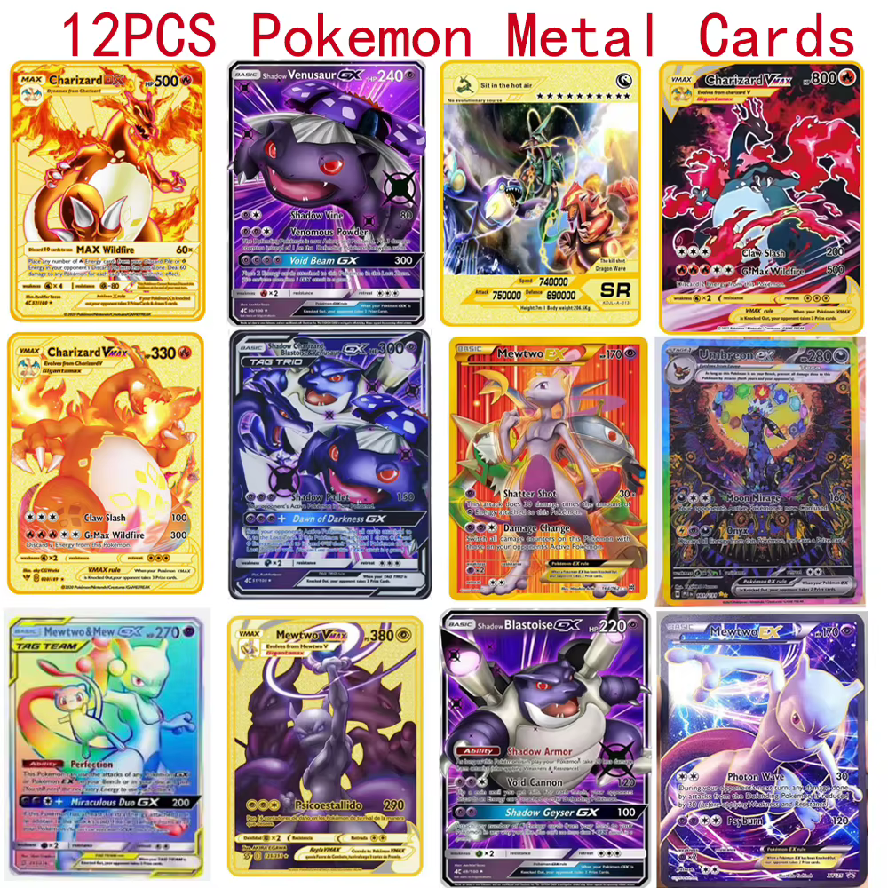 Cartes Pokémon Vmax Pokemon GX EV en anglais, carte métallique, anime Charizard Mewtwo Blastoise, lettres brillantes, collection de cartes de jeu, jouet pour enfant
