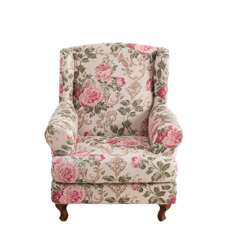 Housse de fauteuil à oreilles extensible en Spandex élastique, motif floral nordique, avec housse de coussin, protection de meubles