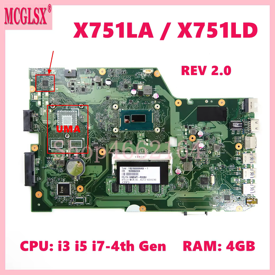 Carte mère X751LD i3 i5 i7-4e génération pour ordinateur portable Asus X751LA X751LAB