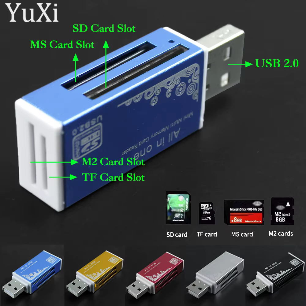 Lecteur de cartes mémoire USB 2.0, tout en 1 pour SD, TF, MS, M2, SDHC, adaptateur, prise pour ordinateur portable, ordinateur de bureau, PC, 1 pièce