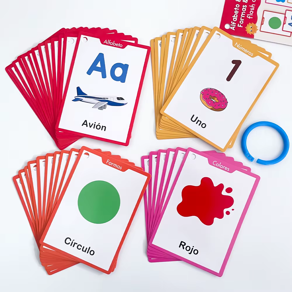 Cartes flash éducatives pour enfants sur l'alphabet, les nombres, les couleurs et les formes en espagnol pour l'apprentissage à domicile et la formation cognitive en espagnol