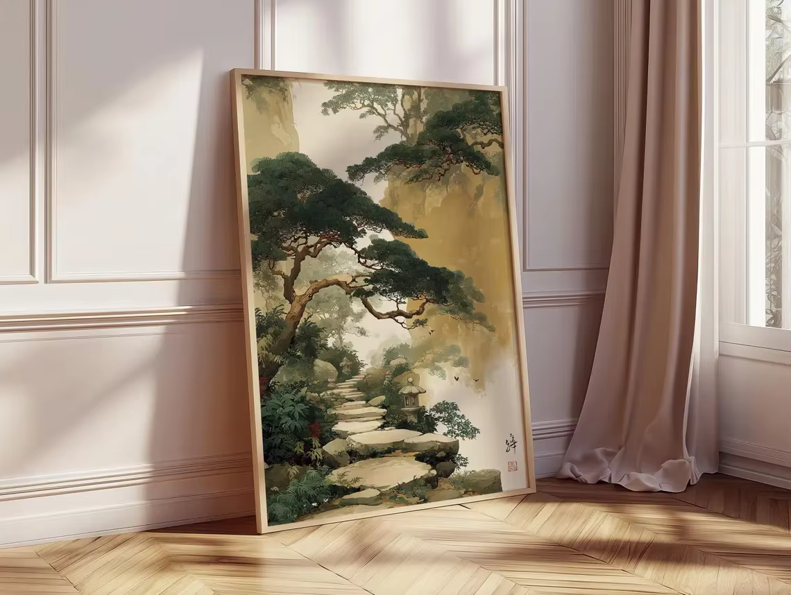 Affiche de chemin de jardin japonais, art mural vert beige, illustration de paysage forestier, impression de paysage naturel asiatique serein, décoration intérieure, style japonais
