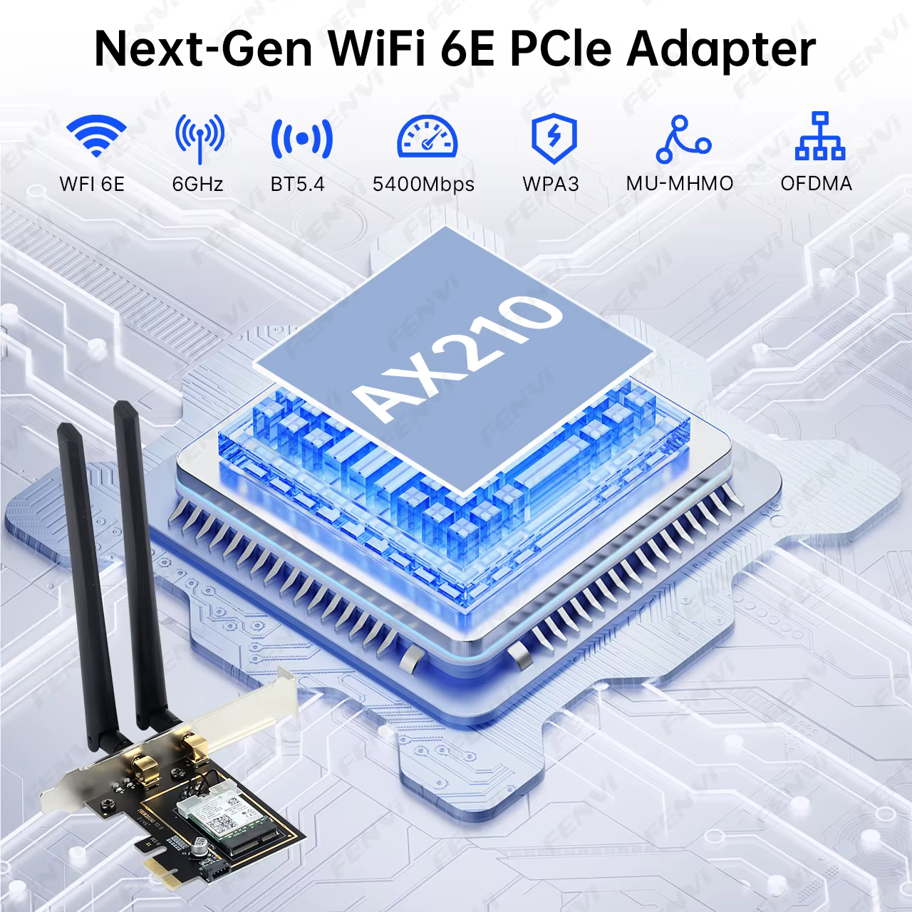 Adaptateur WiFi 6E AX210 PCI-E BT 5.3 5374Mbps Tri-band 2.4G/5G/6Ghz 802.11AX