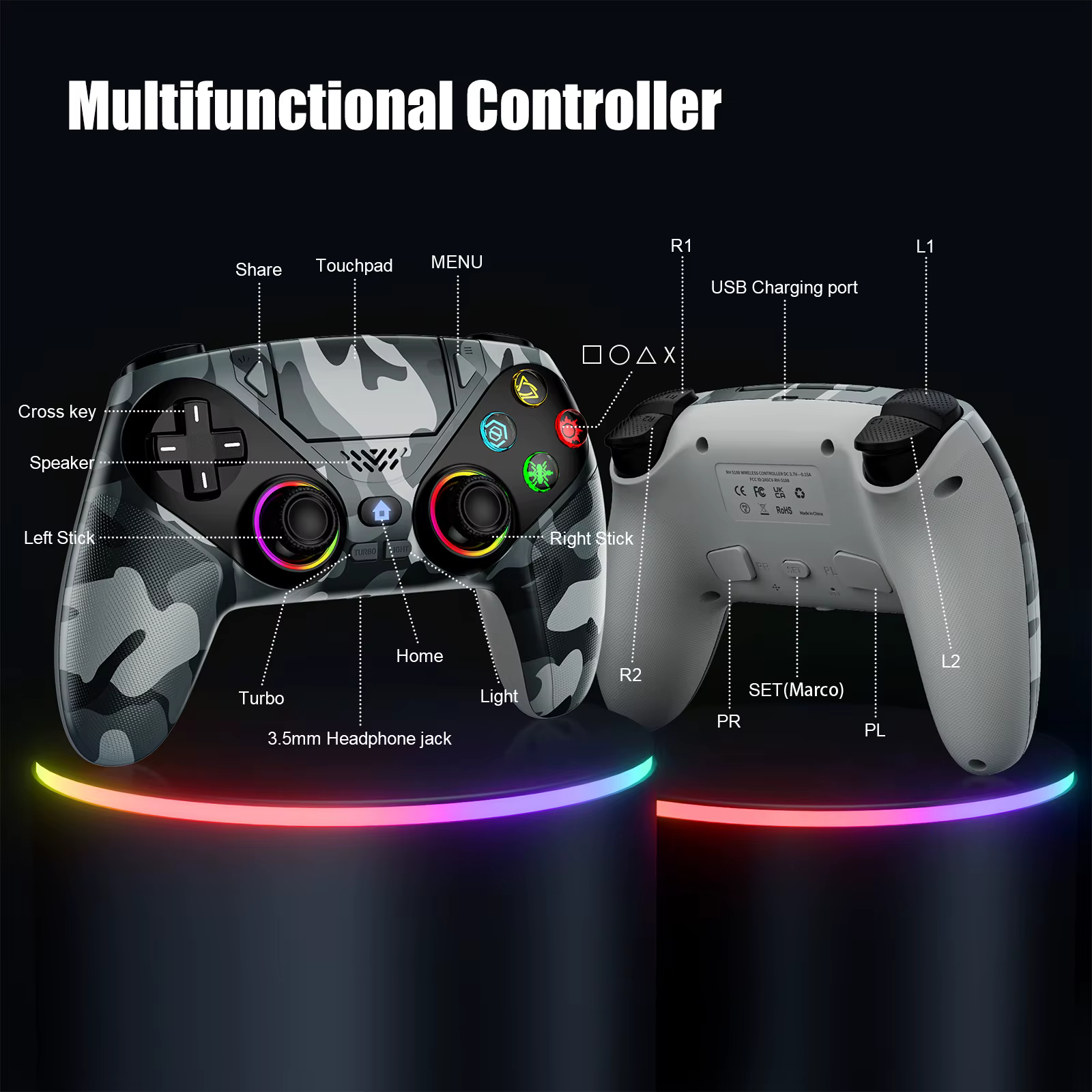 Manette sans fil RGB pour Playstation 5 PS5/PS5 Pro/Slim/PC