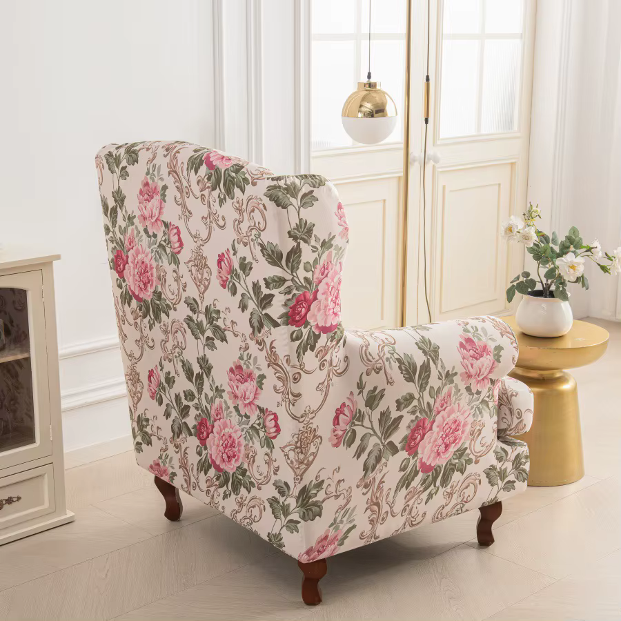 Housse de fauteuil à oreilles extensible en Spandex élastique, motif floral nordique, avec housse de coussin, protection de meubles