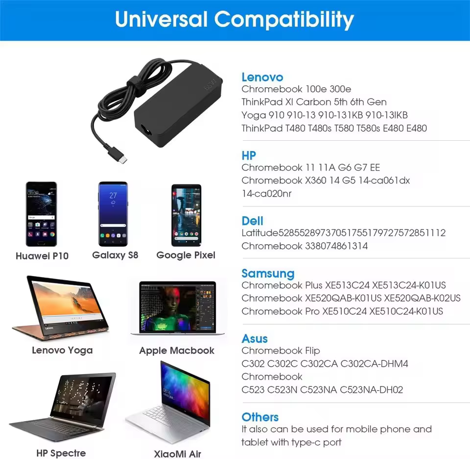 Chargeur USB C pour ordinateur portable 65W 20V 3.25A pour DELL Lenovo ThinkPad Hp Chromebook Yoga Huawei Xiaomi ASUS
