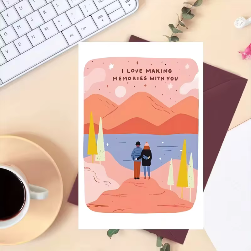Carte romantique pour couple, citation « J'aime créer des souvenirs avec toi », art de paysage montagneux et lacustre, enveloppe rouge incluse