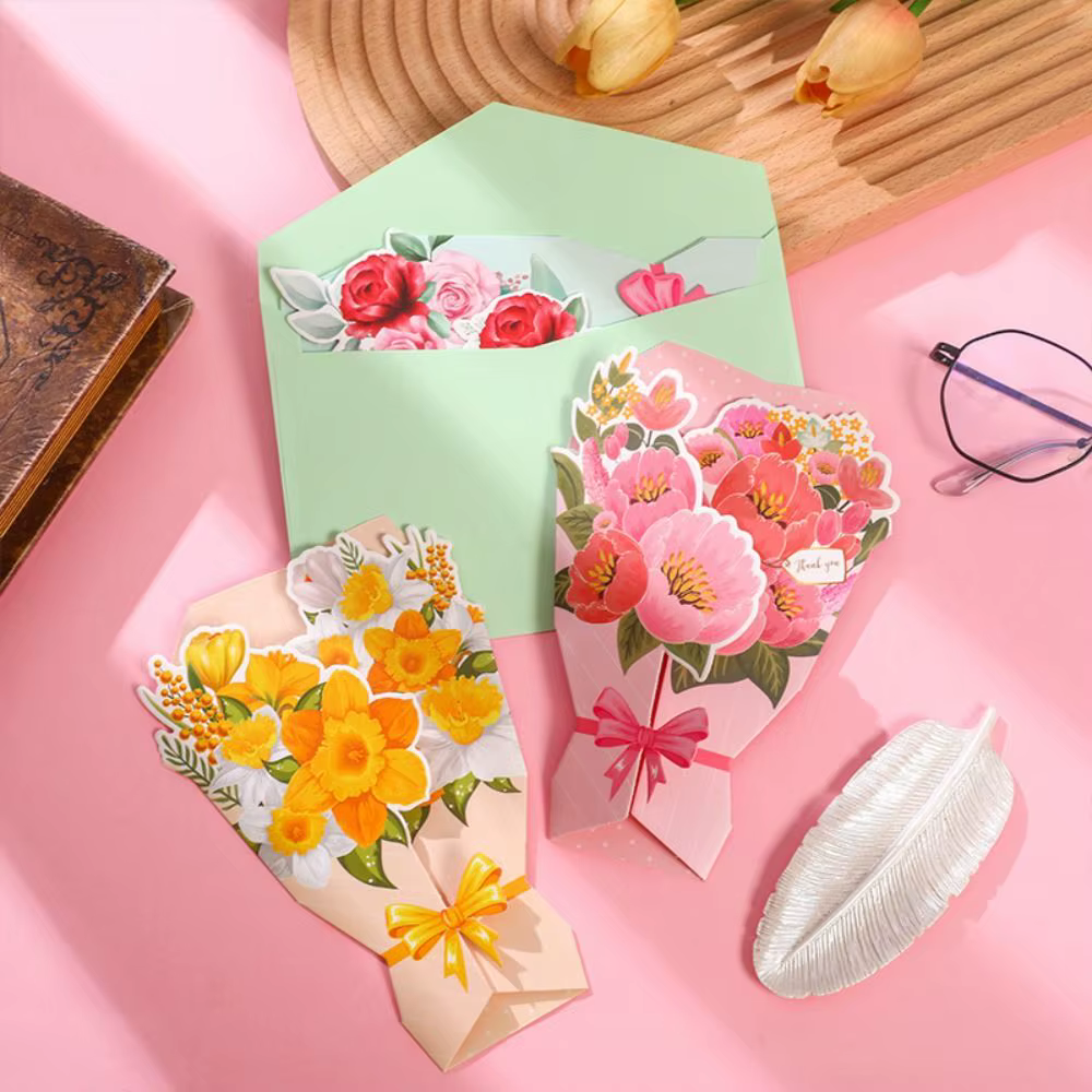 Carte de vœux 3D Fleurs en papier Tournesol/Rose/Œillet, Bouquet de fleurs artisanales, Carte de vœux DIY exquise pour Mariage