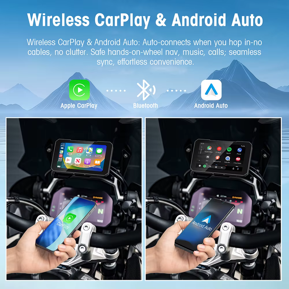 Navigateur GPS portable pour moto de 5 pouces avec écran tactile sans fil Carplay/Android Auto
