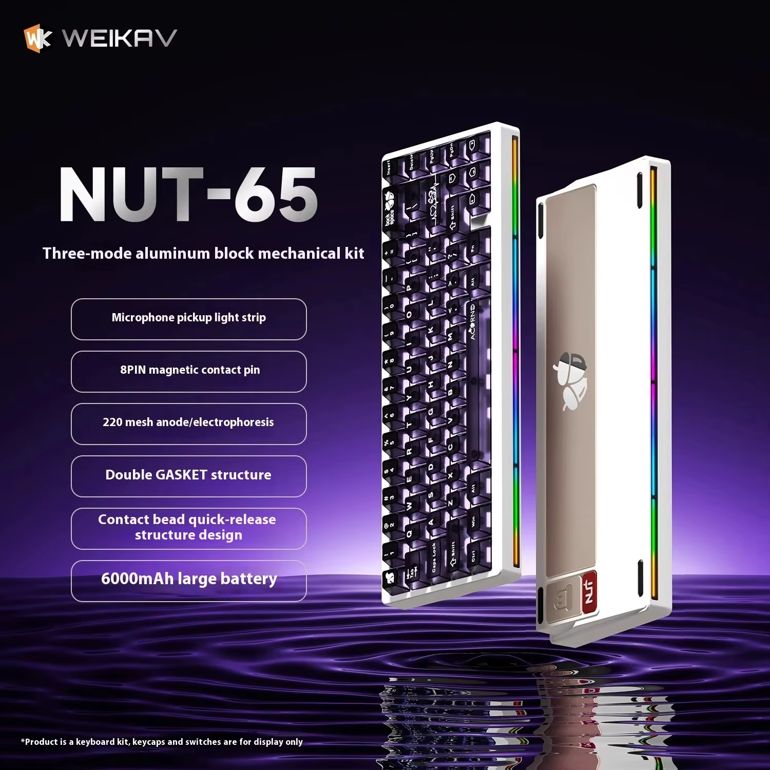 Weikav Nut65 Kit de clavier de jeu mécanique en aluminium Structure de joint ressort à lames plaque FR4 Tri Mode 6000mAh