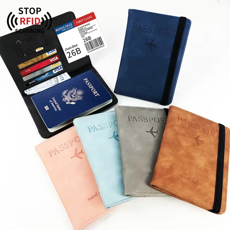 Couverture de passeport RFID en PU, portefeuille de carte d'identité de crédit, étanche, pour documents d'affaires, porte-passeport, protection multifonction de voyage