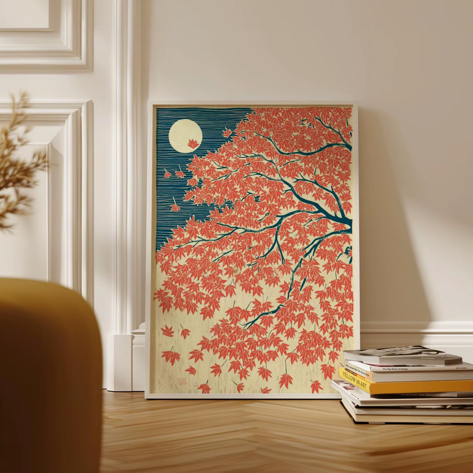 Affiche d'automne en érable japonais, art mural rouge et bleu, illustration de paysage au clair de lune, impression élégante, décoration naturelle pour la maison, art vintage japonais