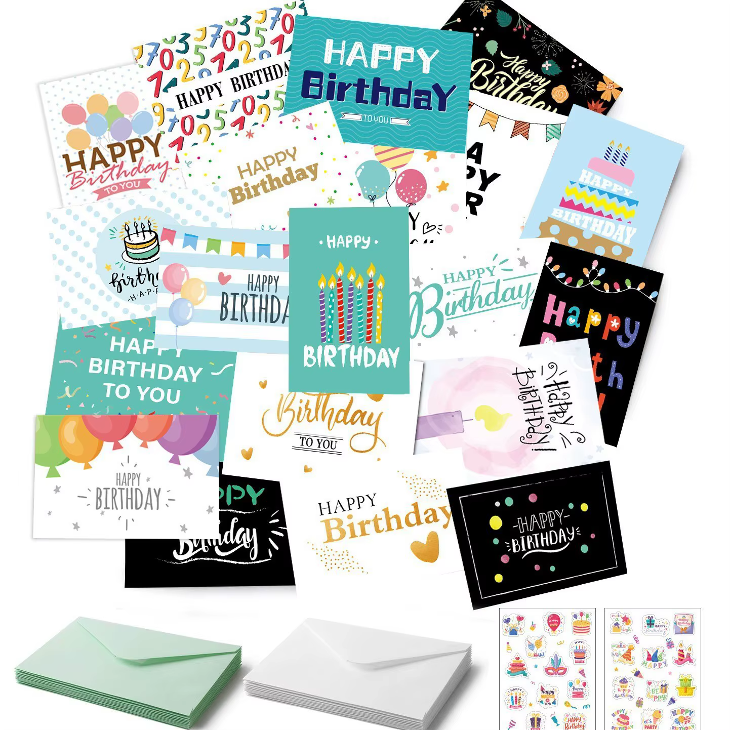 Ensemble de cartes d'anniversaire avec enveloppes autocollantes, 24 pièces, cartes de bénédiction manuscrites, joyeux anniversaire, estampage à chaud, cartes joyeux anniversaire