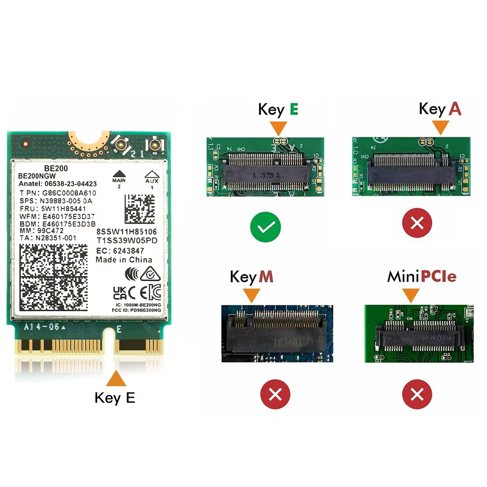 7 BE200 M.2 clé E carte WiFi BT5.4 BE200NGW 2.4/ 5/ 6 GHz 8774 Mbps adaptateur réseau sans fil pour Win 10/11 PC