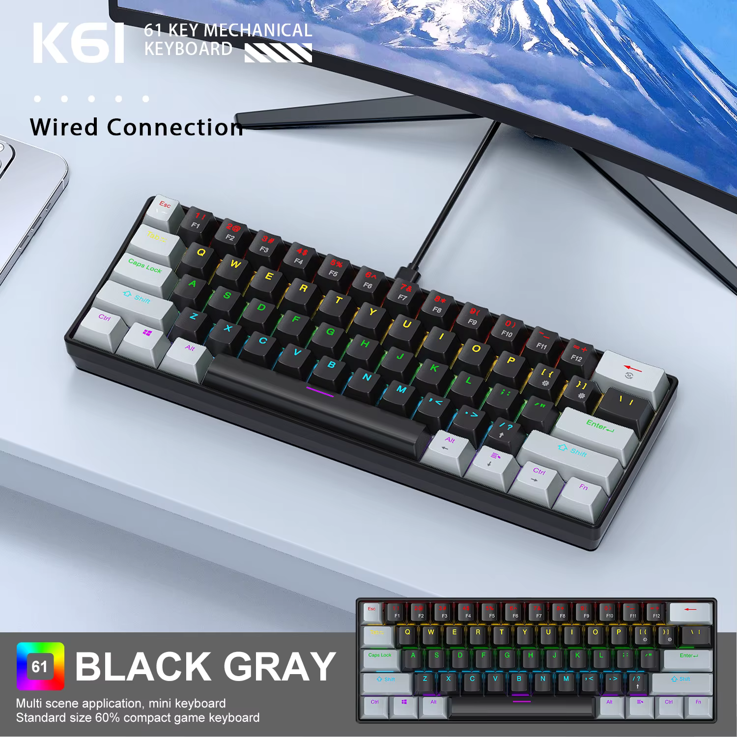 Clavier Mécanique APAYADO K61 60% Filaire RGB Phantom