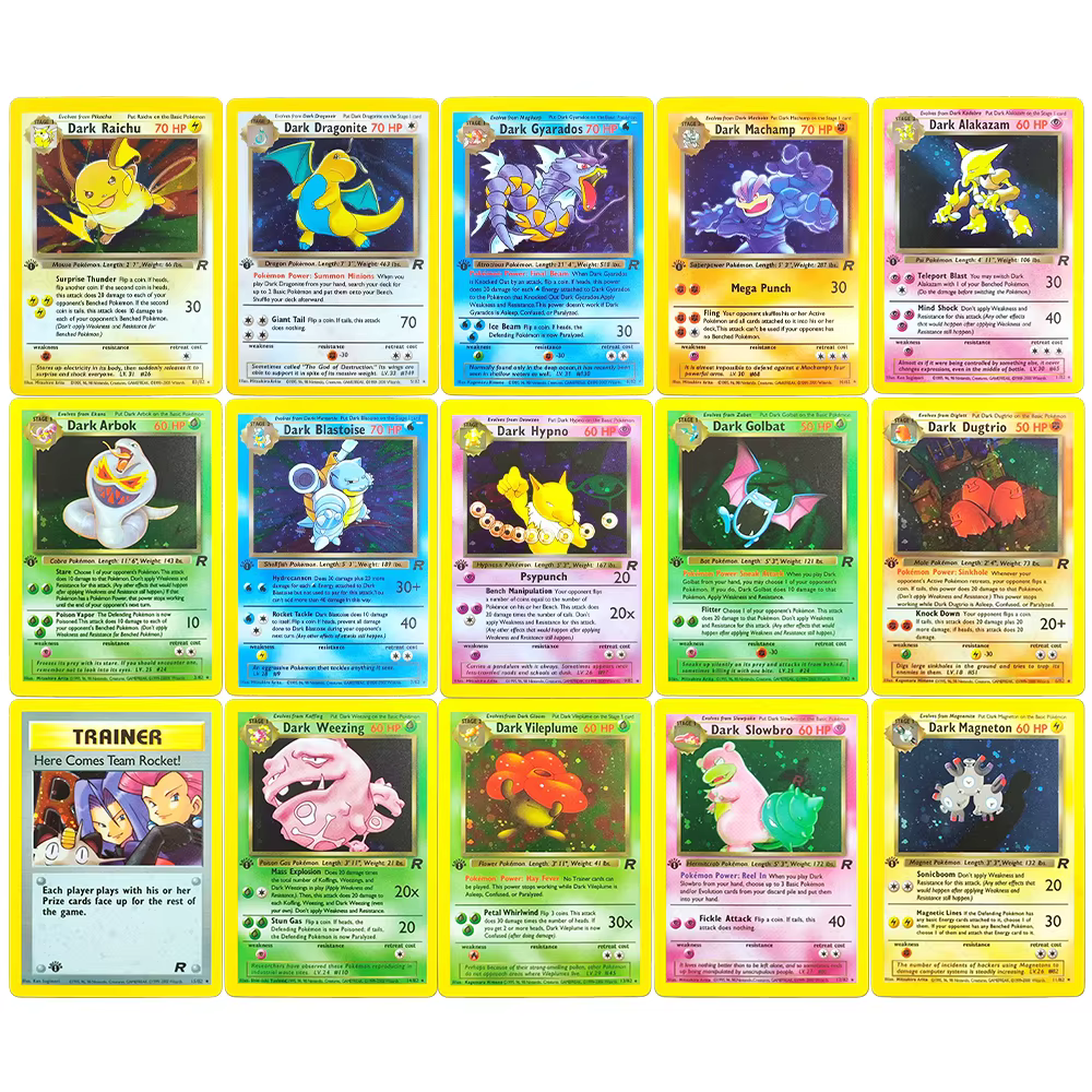 DIY PKM Card Base Team Rocket 1st Edition Dark Charizard Blastoise Dragonite Raichu Holo English TCG Game Collection Card
