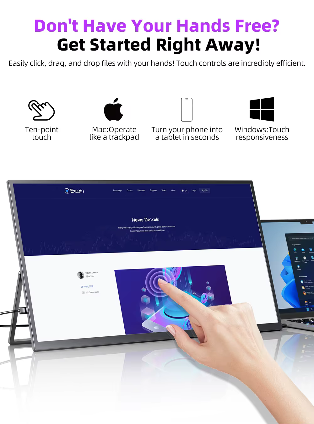 Écran tactile portable UPERFECT 22 pouces 2K avec deux haut-parleurs HDMI Type C Grand