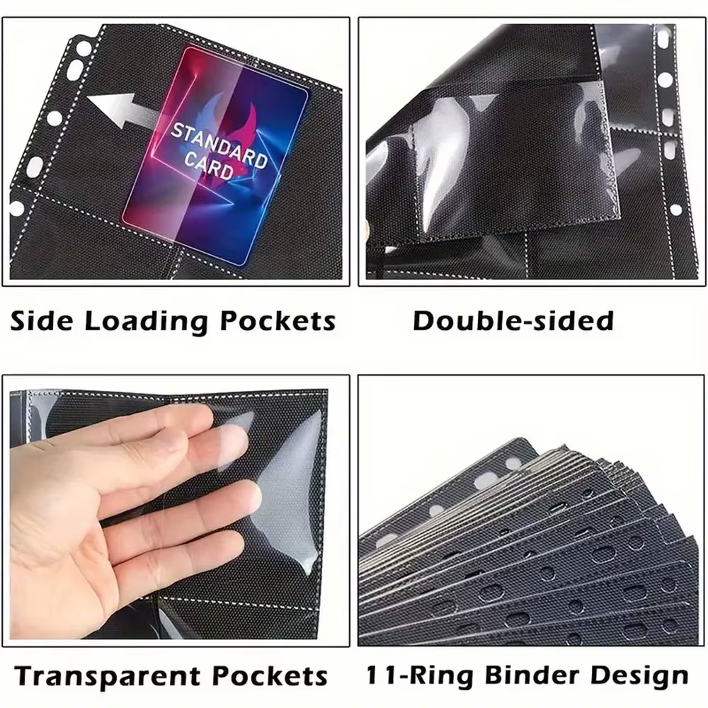 Lot de 10 pochettes noires à 9 compartiments pour classeur de cartes A4