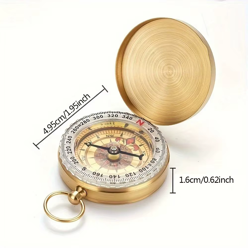Boussole de poche portable en laiton couleur or pour camping et randonnée en plein air avec affichage noctilucent