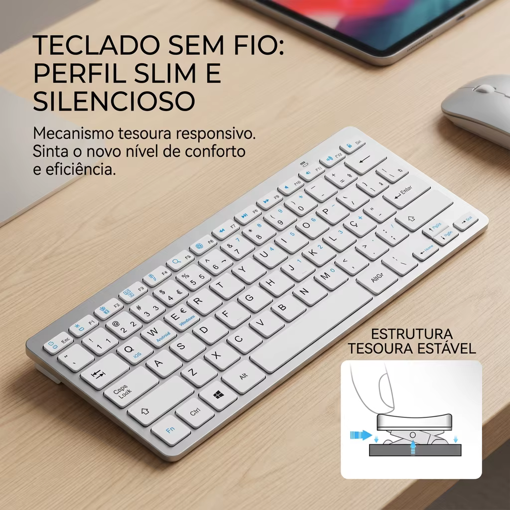 Clavier Bluetooth portugais (Brésil) sans fil, portable, ultra fin, silencieux, pour Mac, iPad, iPhone, iOS, Android, Windows, Smart