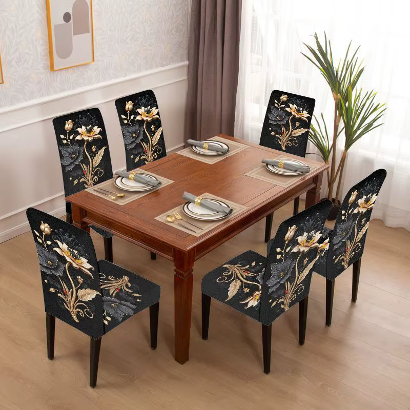 Housse de chaise de salle à manger extensible, luxe, or noir, floral, Art Déco, amovible, lavable, housse de chaise de salle à manger pour la maison