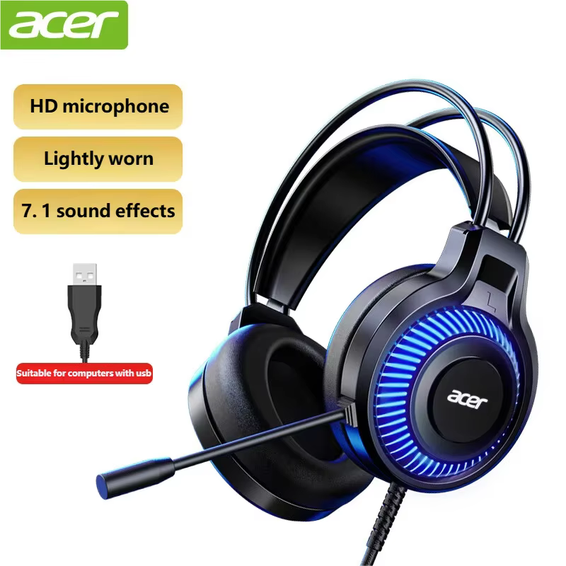 Acer casque de jeu avec micro 7.1 stéréo virtuel Surround lumière LED basse écouteurs casques Gamer pour ordinateur PC