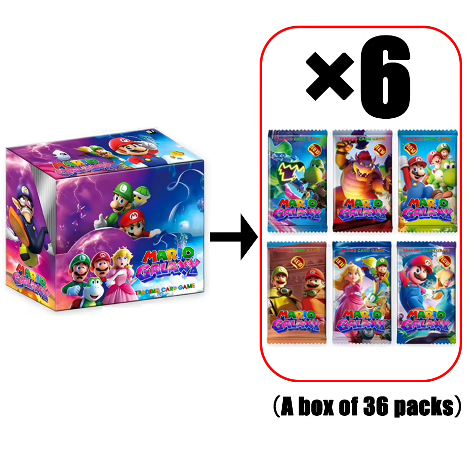 Pack de cartes Super Mario Galaxy, 288 cartes, boîte mystère, parfait pour les fans de Nintendo, les collectionneurs et les amateurs de jeux de cartes à collectionner.