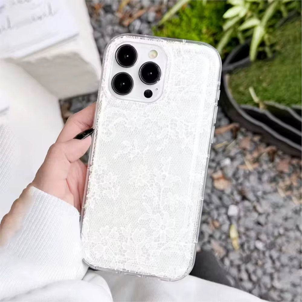 Élégante Coque de Téléphone Blanche à Motif Dentelle Romantique pour iPhone 17 Pro Air 16 15 14 13 12 11 Pro Max 7 8 Plus SE2 16E Housse Souple Transparente
